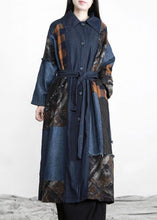 Load image into Gallery viewer, New denim blue Patchwork Button tie waist Fall trench coats