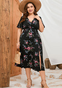 Novelty Black Print Tunic Chiffon Long Dress Short Sleeve