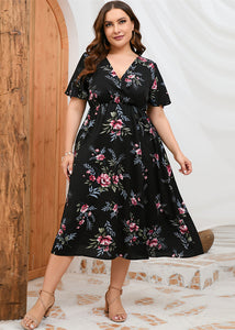 Novelty Black Print Tunic Chiffon Long Dress Short Sleeve