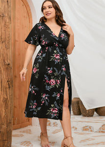 Novelty Black Print Tunic Chiffon Long Dress Short Sleeve