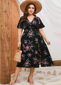 Novelty Black Print Tunic Chiffon Long Dress Short Sleeve