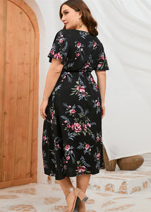 Novelty Black Print Tunic Chiffon Long Dress Short Sleeve