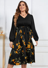 Load image into Gallery viewer, Novelty Black V Neck Print Tie Waist Patchwork Chiffon Dresses Fall