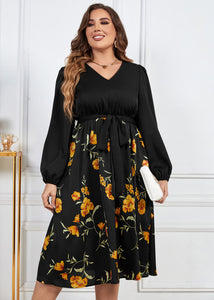 Novelty Black V Neck Print Tie Waist Patchwork Chiffon Dresses Fall