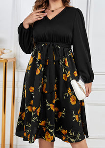 Novelty Black V Neck Print Tie Waist Patchwork Chiffon Dresses Fall