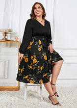 Load image into Gallery viewer, Novelty Black V Neck Print Tie Waist Patchwork Chiffon Dresses Fall