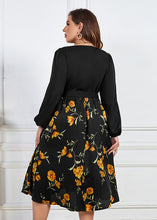 Load image into Gallery viewer, Novelty Black V Neck Print Tie Waist Patchwork Chiffon Dresses Fall