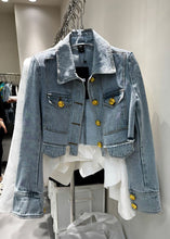 Load image into Gallery viewer, Novelty Denim Blue Peter Pan Collar Patchwork Button Coats Long Sleeve