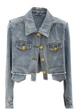 Load image into Gallery viewer, Novelty Denim Blue Peter Pan Collar Patchwork Button Coats Long Sleeve