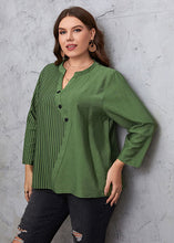 Load image into Gallery viewer, Novelty Green V Neck Asymmetrical Striped Patchwork Cotton Top Fall