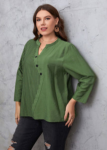 Novelty Green V Neck Asymmetrical Striped Patchwork Cotton Top Fall