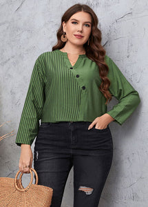 Novelty Green V Neck Asymmetrical Striped Patchwork Cotton Top Fall