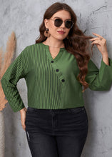 Load image into Gallery viewer, Novelty Green V Neck Asymmetrical Striped Patchwork Cotton Top Fall