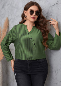 Novelty Green V Neck Asymmetrical Striped Patchwork Cotton Top Fall