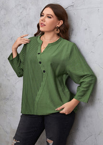 Novelty Green V Neck Asymmetrical Striped Patchwork Cotton Top Fall