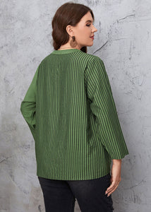 Novelty Green V Neck Asymmetrical Striped Patchwork Cotton Top Fall