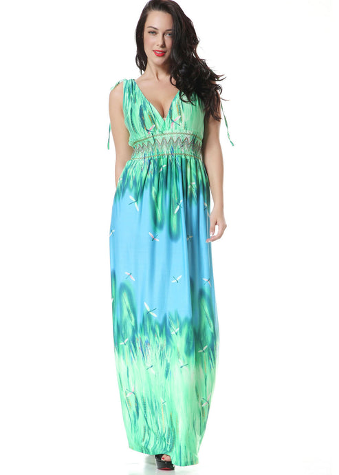 Novelty Green V Neck Print Backless Wrinkled Ice Size Long Dresses