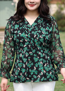 Novelty Green V Neck Print Chiffon Shirt Flare Sleeve