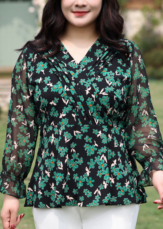 Novelty Green V Neck Print Chiffon Shirt Flare Sleeve