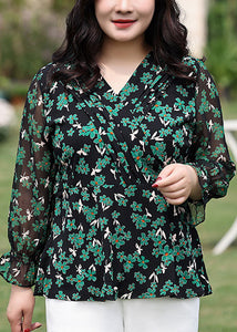 Novelty Green V Neck Print Chiffon Shirt Flare Sleeve