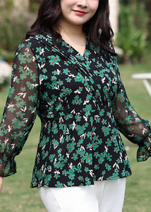 Novelty Green V Neck Print Chiffon Shirt Flare Sleeve