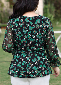 Novelty Green V Neck Print Chiffon Shirt Flare Sleeve