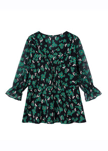 Novelty Green V Neck Print Chiffon Shirt Flare Sleeve