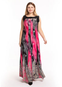 Novelty Pink Black O-Neck Striped Patchwork Silk Beach Long Dress Sleeveless