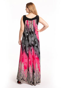 Novelty Pink Black O-Neck Striped Patchwork Silk Beach Long Dress Sleeveless