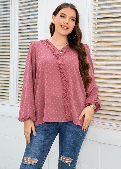 Novelty Pink V Neck Lace Patchwork Chiffon Shirt Top Fall