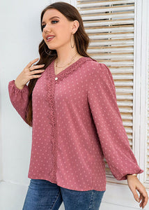 Novelty Pink V Neck Lace Patchwork Chiffon Shirt Top Fall