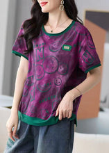 Load image into Gallery viewer, Novelty Purple O Neck Print Pockets Patchwork Cotton T Shirt Tops Summer