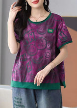 Load image into Gallery viewer, Novelty Purple O Neck Print Pockets Patchwork Cotton T Shirt Tops Summer