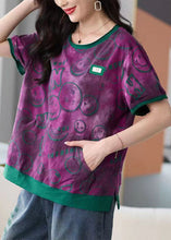 Load image into Gallery viewer, Novelty Purple O Neck Print Pockets Patchwork Cotton T Shirt Tops Summer