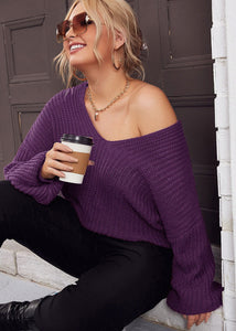 Novelty Purple V Neck Cozy Knit Sweater Fall