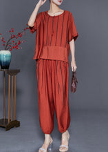 Load image into Gallery viewer, Orange Patchwork Linen Two Pieces Set Tassel Striped Summer