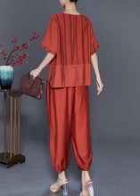 Load image into Gallery viewer, Orange Patchwork Linen Two Pieces Set Tassel Striped Summer