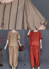 Load image into Gallery viewer, Orange Patchwork Linen Two Pieces Set Tassel Striped Summer