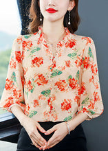 Load image into Gallery viewer, Orange Patchwork Print Silk Shirts V Neck Ruffled Summer