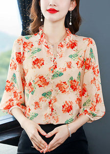 Orange Patchwork Print Silk Shirts V Neck Ruffled Summer