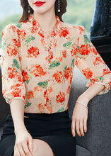 Load image into Gallery viewer, Orange Patchwork Print Silk Shirts V Neck Ruffled Summer