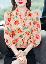 Load image into Gallery viewer, Orange Patchwork Print Silk Shirts V Neck Ruffled Summer