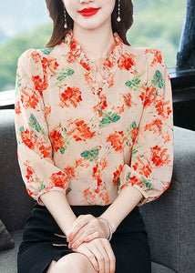 Orange Patchwork Print Silk Shirts V Neck Ruffled Summer