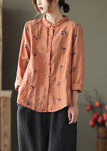 Load image into Gallery viewer, Orange Peter Pan Collar Button Linen Shirts Long Sleeve