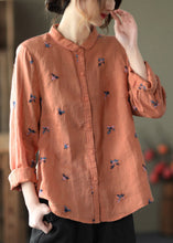 Load image into Gallery viewer, Orange Peter Pan Collar Button Linen Shirts Long Sleeve