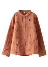 Load image into Gallery viewer, Orange Peter Pan Collar Button Linen Shirts Long Sleeve