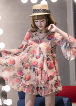 Load image into Gallery viewer, Orange Pink Patchwork Chiffon Top hot pants Two Pieces Set flare sleeve