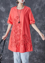 Load image into Gallery viewer, Orange Red Linen Mid Dresses Embroideried Summer