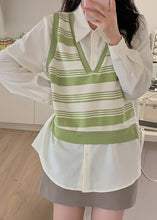 Load image into Gallery viewer, Organic Apricot Green Peter Pan Collar Striped Patchwork Fake Two Pieces Shirt Fall