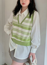 Load image into Gallery viewer, Organic Apricot Green Peter Pan Collar Striped Patchwork Fake Two Pieces Shirt Fall